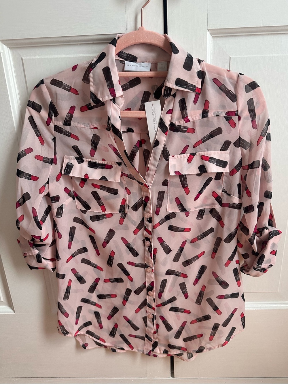 New York & Company Pink Lipstick Print Blouse